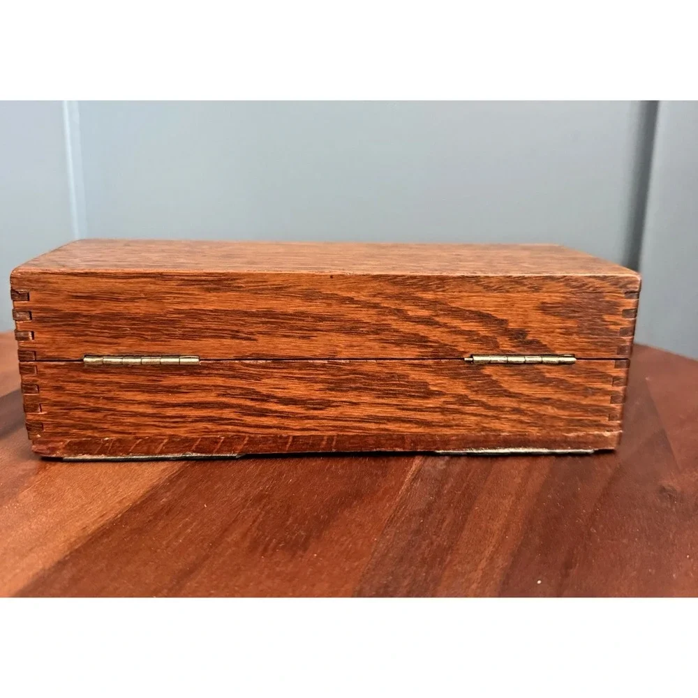 Antique Oak Sewing Notions Box Finger Joint Push Button Velvet Lined 8.5